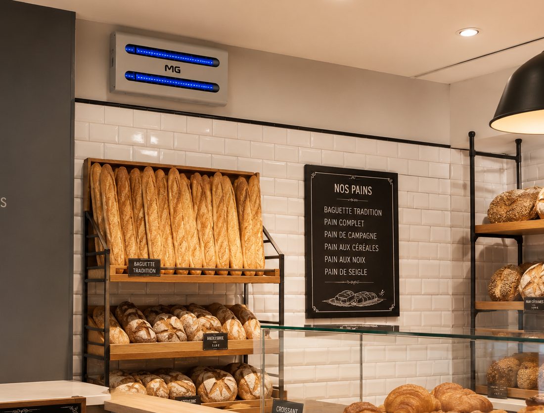 Destructeur d'insectes MG à plaque de glu installé au mur dans un espace boulangerie